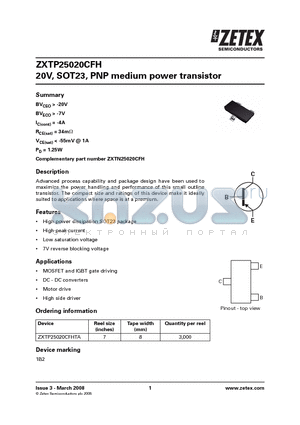 ZXTP25020CFH datasheet - 20V, SOT23, PNP medium power transistor