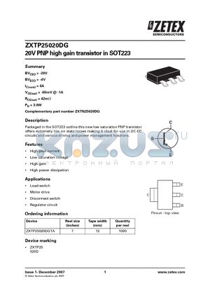 ZXTP25020DG datasheet - 20V PNP high gain transistor