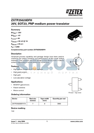 ZXTP25020DFH datasheet - 20V, SOT23, PNP medium power transistor