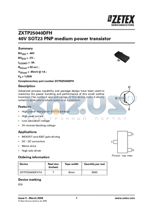 ZXTP25040DFHTA datasheet - 40V SOT23 PNP medium power transistor