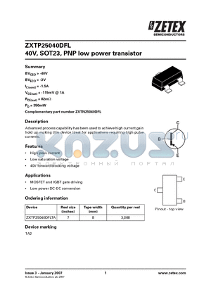 ZXTP25040DFL datasheet - 40V, SOT23, PNP low power transistor