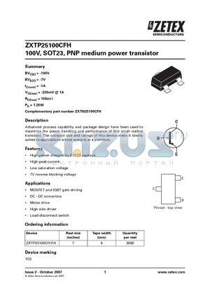 ZXTP25100CFH datasheet - 100V, SOT23, PNP medium power transistor
