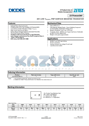 ZXTP26020DMFTA datasheet - 20V LOW VCE(SAT ) PNP SURFACE MOUNTED TRANSISTOR