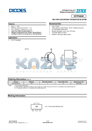 ZXTP4003Z datasheet - 100V PNP LED DRIVING TRANSISTOR IN SOT89