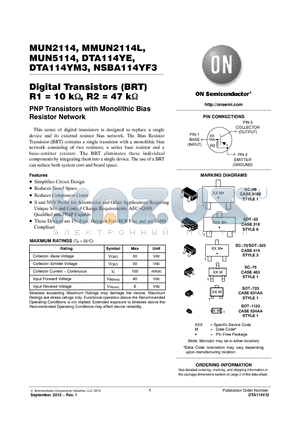 MUN2114T1G datasheet - Digital Transistors (BRT) R1 = 10 k, R2 = 47 k