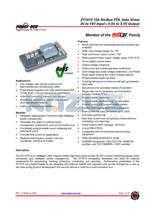 ZY1015AG-Q1 datasheet - 15A No-Bus POL 3V to 14V Input 0.5V to 5.5V Output