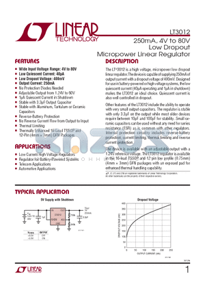 LT3012HFE-PBF datasheet - 250mA, 4V to 80V Low Dropout Micropower Linear Regulator