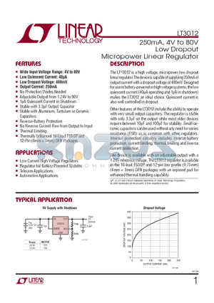 LT3012EFE-TR datasheet - 250mA, 4V to 80V Low Dropout Micropower Linear Regulator