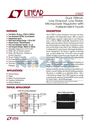 LT3027 datasheet - Dual 100mA, Low Dropout, Low Noise, Micropower Regulator wih Independent Inputs