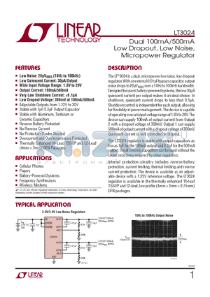 LT3024IDE datasheet - Dual 100mA/500mA Low Dropout, Low Noise,Micropower Regulator