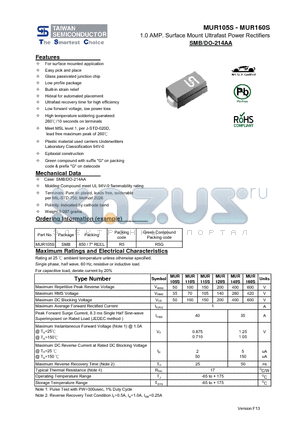 MUR105S_13 datasheet - 1.0 AMP. Surface Mount Ultrafast Power Rectifiers
