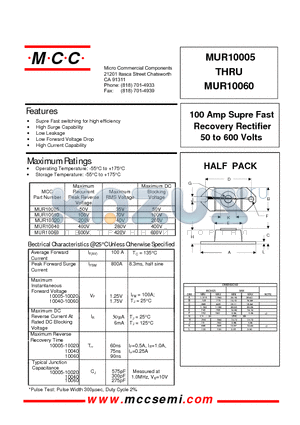 MUR10020 datasheet - 100 Amp Supre Fast Recovery Rectifier 50 to 600 Volts