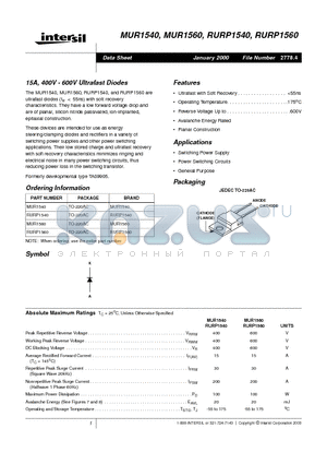 MUR1540 datasheet - 15A, 400V - 600V Ultrafast Diodes