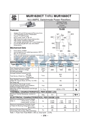 MUR1660CT datasheet - 16.0 AMPS. Switchmode Power Rectifiers