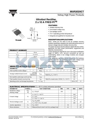 MUR2020CT datasheet - Ultrafast Rectifier, 2 x 10 A FRED PtTM