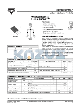 MUR3020WTPBF datasheet - Ultrafast Rectifier, 2 x 15 A FRED PtTM