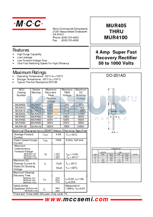 MUR405 datasheet - 4 Amp Super Fast Recovery Rectifier 50 to 1000 Volts