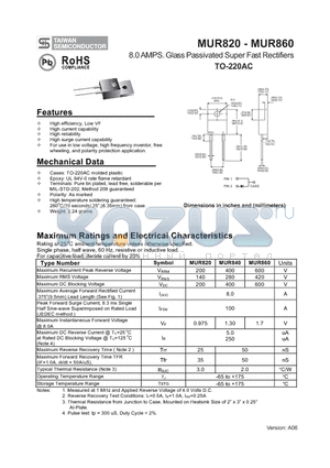 MUR820 datasheet - 8.0 AMPS. Glass Passivated Super Fast Rectifiers