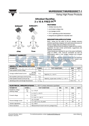 MURB2020CTTRL datasheet - Ultrafast Rectifier, 2 x 10 A FRED PtTM