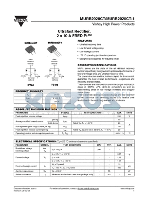 MURB2020CTTRR datasheet - Ultrafast Rectifier, 2 x 10 A FRED PtTM