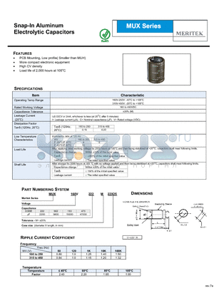 MUX160V153M22X25 datasheet - Snap-In Aluminum Electrolytic Capacitors