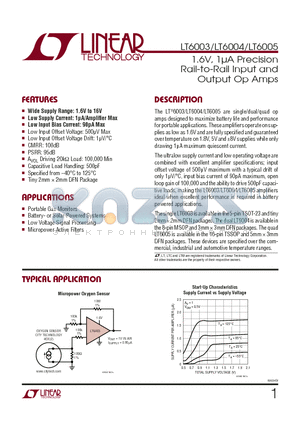 LT6003HDC datasheet - 1.6V, 1lA Precision Rail-to-Rail Input and Output Op Amps