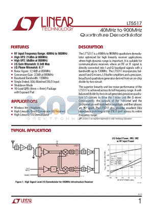 LT5517 datasheet - 40MHz to 900MHz Quadrature Demodulator