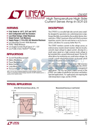 LT6107 datasheet - High Temperature High Side Current Sense Amp in SOT-23