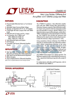 LT6600IS8-10 datasheet - Very Low Noise, Differential Amplifier and 10MHz Lowpass Filter