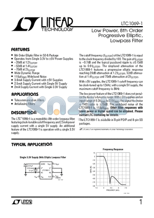 LTC1069-1CS8 datasheet - Low Power, 8th Order Progressive Elliptic, Lowpass Filter
