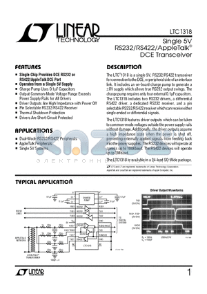 LTC1318 datasheet - Single 5V RS232/RS422/AppleTalk DCE Transceiver