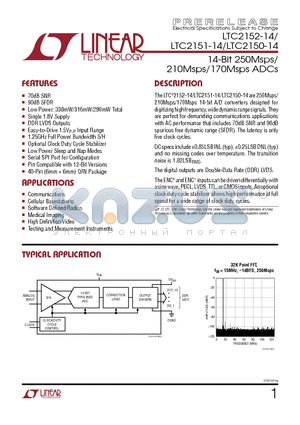 LTC2151CUP-14PBF datasheet - 14-Bit 250Msps/ 210Msps/170Msps ADCs