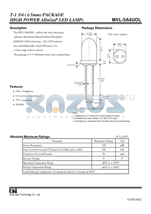 MVL-5A4UOL datasheet - T-1 3/4 ( f 5mm) PACKAGE HIGH POWER AlInGaP LED LAMPs