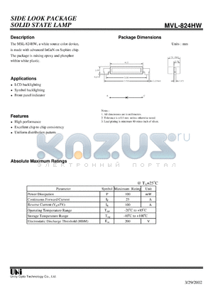 MVL-824HW datasheet - SIDE LOOK PACKAGE SOLID STATE LAMP