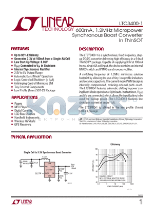 LTC3400-1 datasheet - 600mA, 1.2MHz Micropower Synchronous Boost Converter in ThinSOT