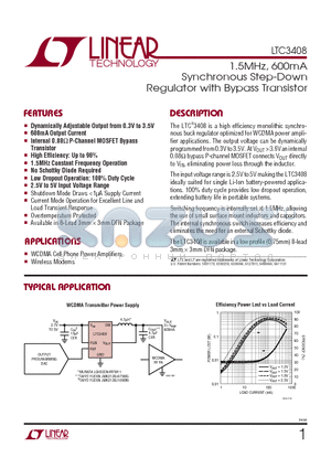 LTC3408EDD datasheet - 1.5MHz, 600mA Synchronous Step-Down Regulator with Bypass Transistor