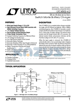 LTC4002ES8-4.2 datasheet - Standalone Li-Ion Switch Mode Battery Charger