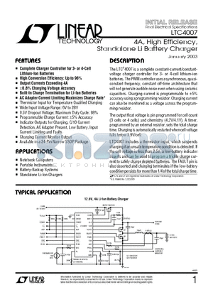 LTC4007 datasheet - 4A, High Efficiency, Standalone Li Battery Charger