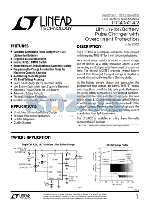 LTC4052EMS8E-4.2 datasheet - Lithium-Ion Battery Pulse Charger with Overcurrent Protection