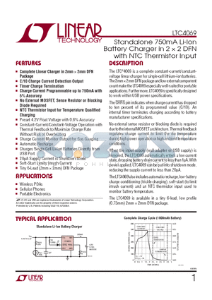 LTC4069EDC-TRPBF datasheet - Standalone 750mA Li-Ion Battery Charger in 2  2 DFN with NTC Thermistor Input