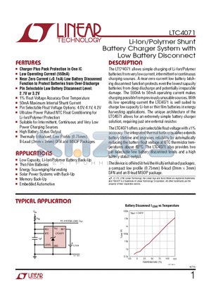LTC4071EDDB datasheet - Li-Ion/Polymer Shunt Battery Charger System with Low Battery Disconnect