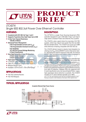 LTC4274 datasheet - Single IEEE 802.3at Power Over Ethernet Controller