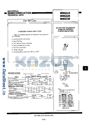 MWA-220 datasheet - DC-600 MHz WIDEBAND GENERAL-PURPOSE HYBRID AMPLIFIERS
