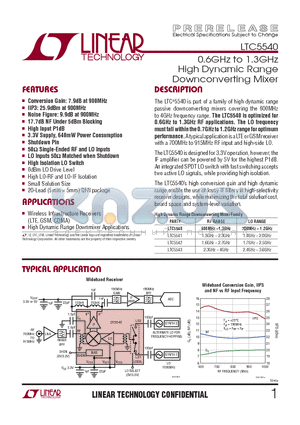 LTC5543 datasheet - 0.6GHz to 1.3GHz High Dynamic Range Downconverting Mixer