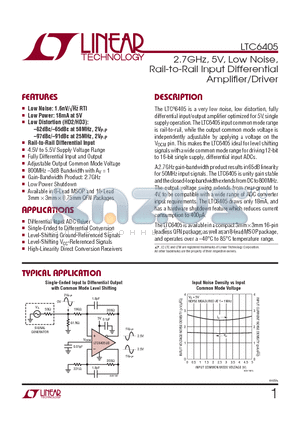 LTC6405 datasheet - 2.7GHz, 5V, Low Noise, Rail-to-Rail Input Differential Amplifi er/Driver