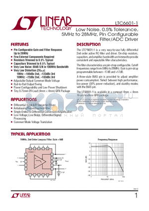 LTC6601CUF-1-TRPBF datasheet - Low Noise, 0.5% Tolerance, 5MHz to 28MHz, Pin Confi gurable Filter/ADC Driver