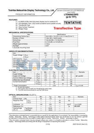 LTD089EXWS datasheet - 22.6cm COLOUR TFT-LCD MODULE (8.9 TYPE)
