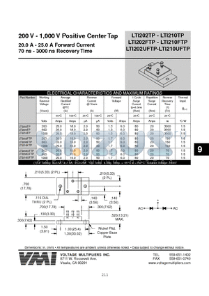 LTI202TP datasheet - 200 V - 1,000 V Positive Center Tap 20.0 A - 25.0 A Forward Current 70 ns - 3000 ns Recovery Time