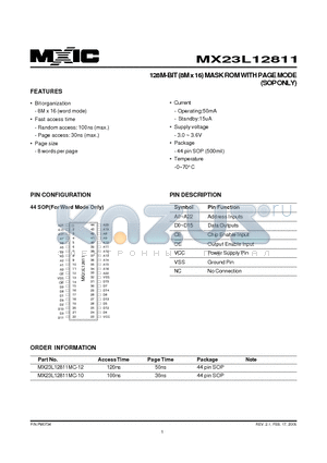 MX23L12811MC-12 datasheet - 128M-BIT (8M x 16) MASK ROM WITH PAGE MODE(SOP ONLY)
