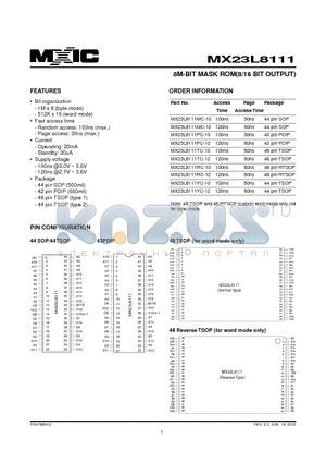 MX23L8111YC-10 datasheet - 8M-BIT MASK ROM(8/16 BIT OUTPUT)